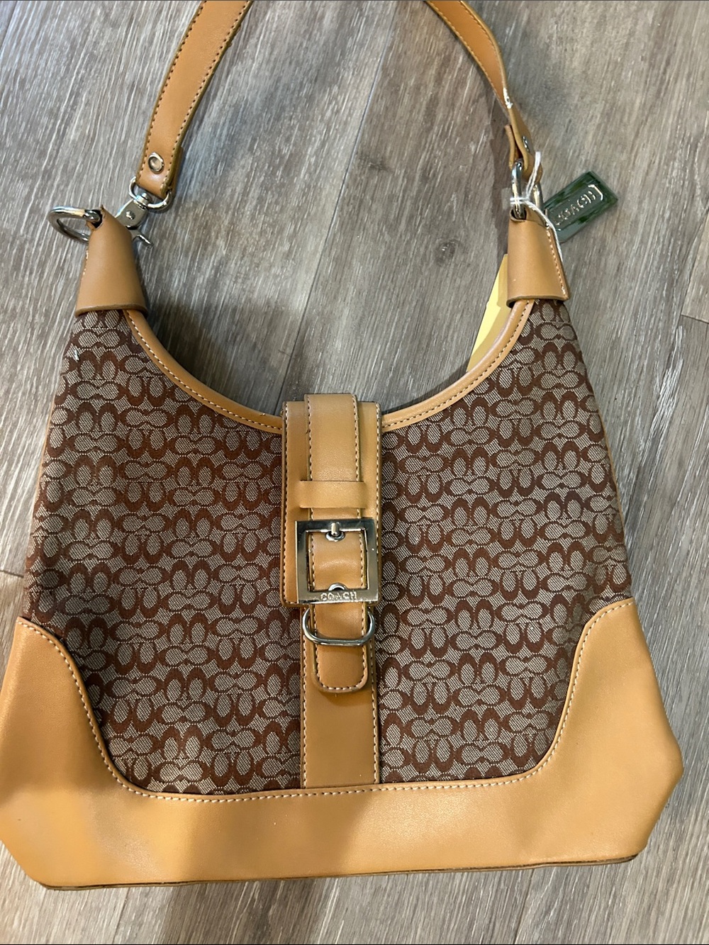 Designer logoBrown Signature Canvas Shoulder Bag with Tan Leather Trim